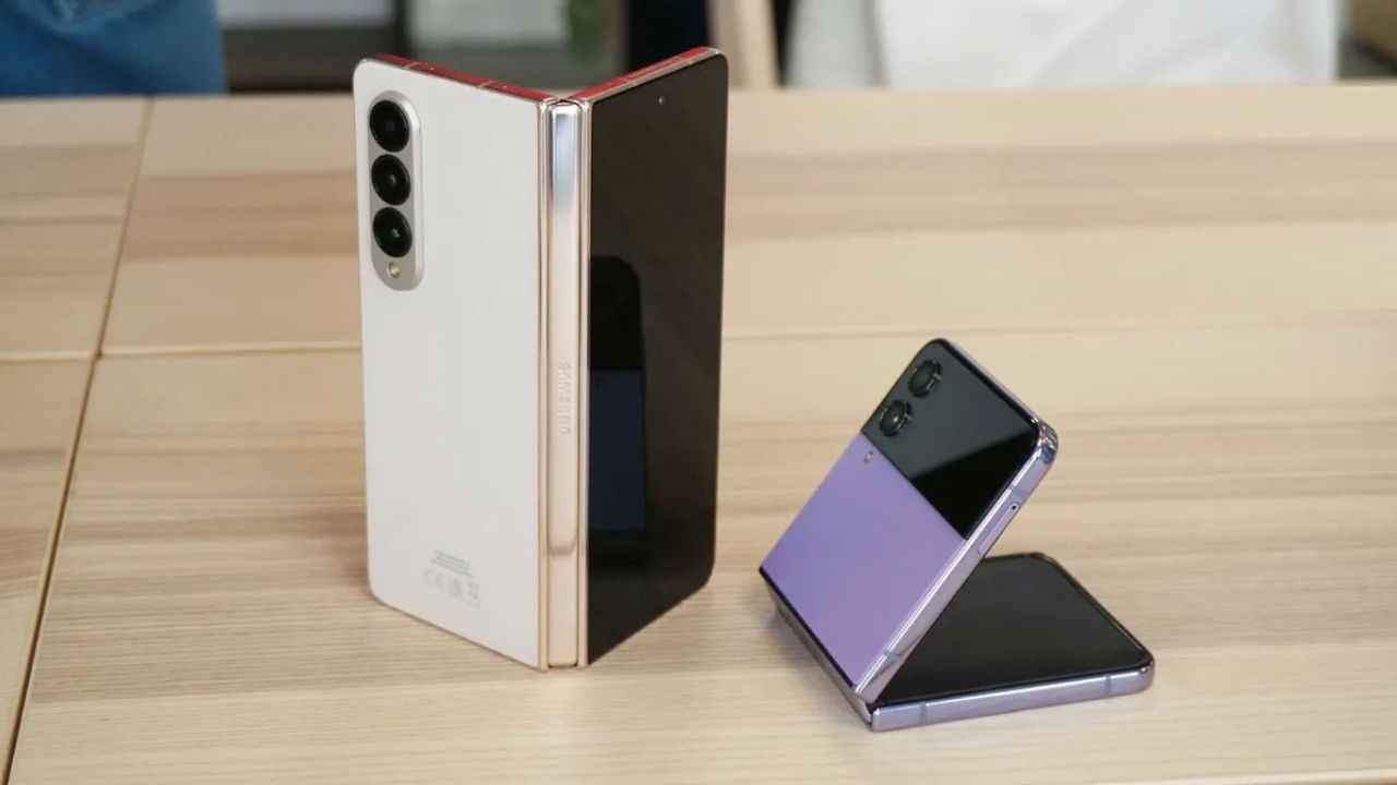 Samsung Galaxy Z Fold 4 in beige (left) and the Samsung Galaxy Z Flip 4 in Bora Purple (right)